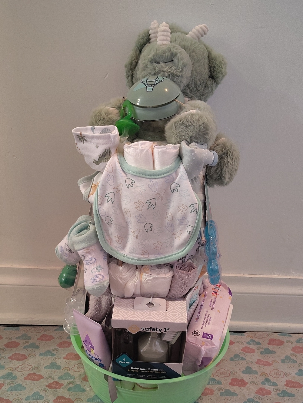Plush Green Dragon Baby Diaper Cake Gift Set with Bib and Accessories